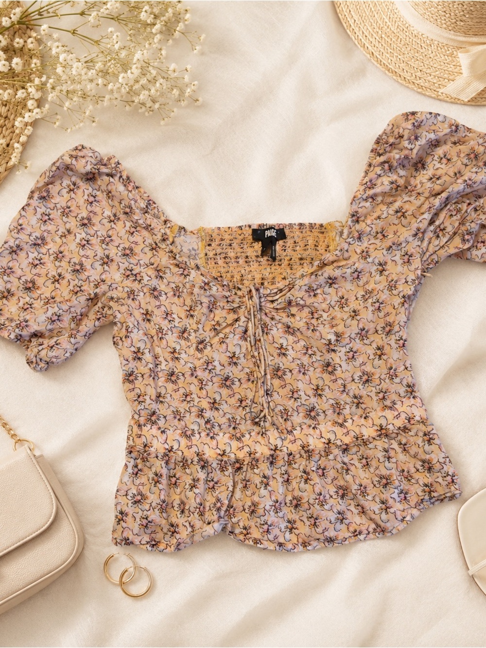PAIGE Azul Sunkissed Floral Smocked Puff Sleeve Top